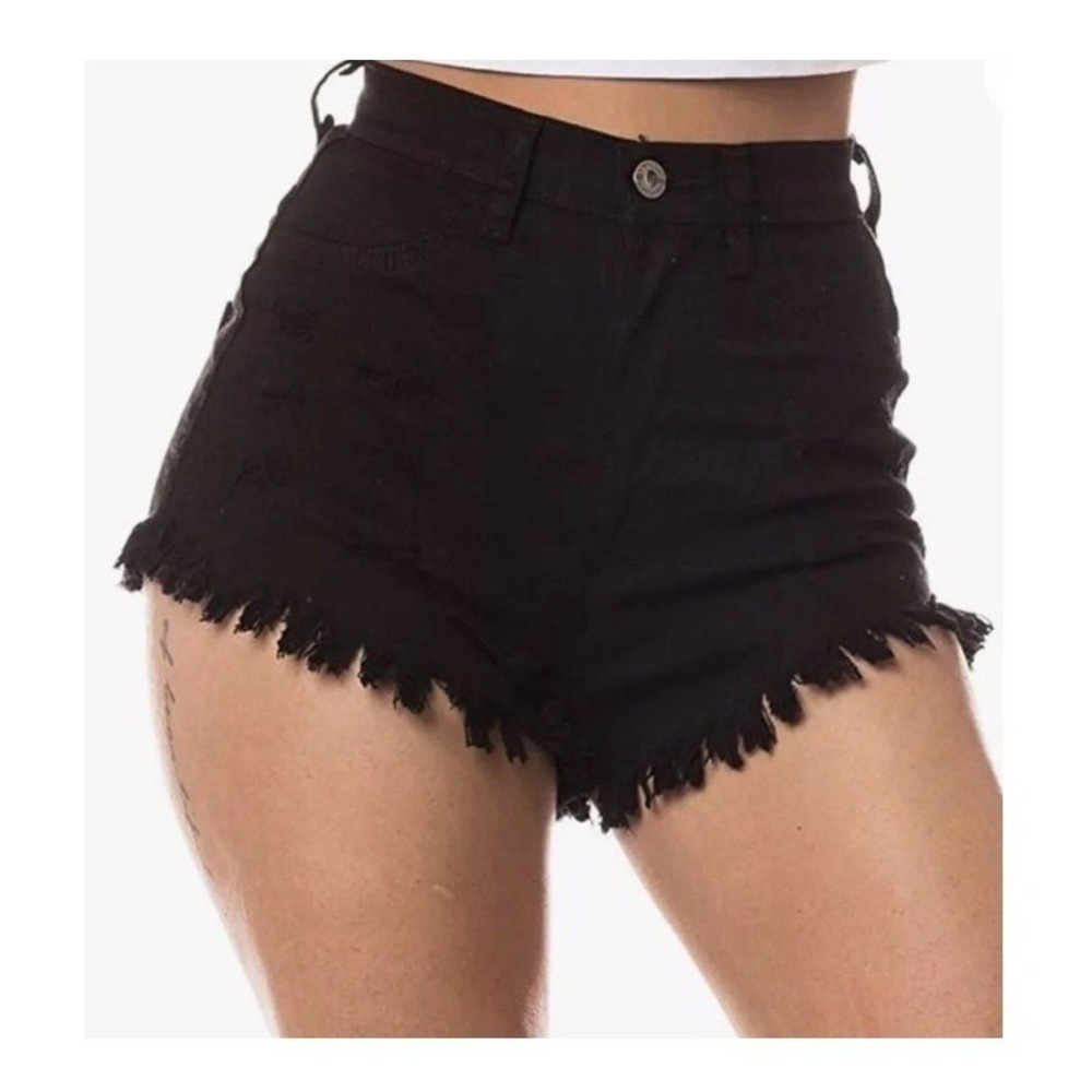 Black Micro Denim Shorts Medium High Waisted Distressed Festival Summer Rave